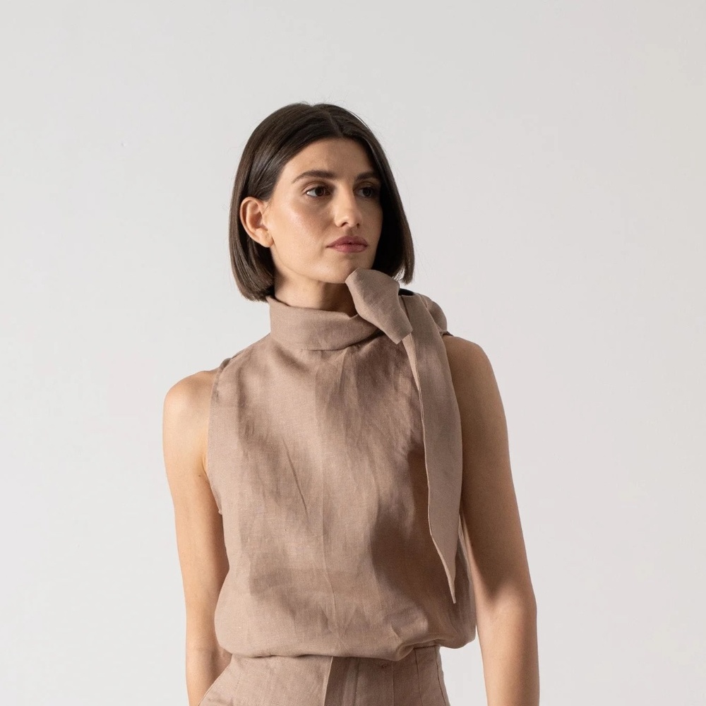 Sleeveless Tie-Neck Blouse in Taupe
